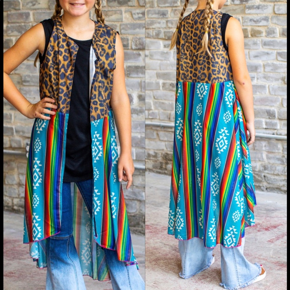 Kids girls youth leopard Aztec kimono vest western cowgirl size 10